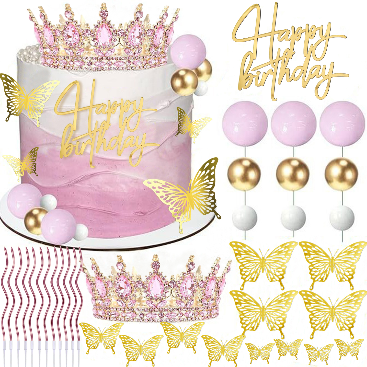 Unity Candle Set - 1set Gold Pink Silvery Crown Cake